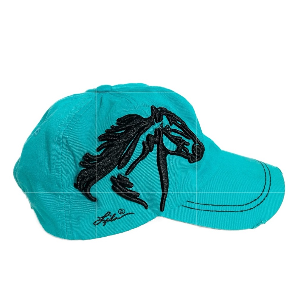 AWST International Embroidered Horse Profile Distressed Brim Teal Baseball Cap
